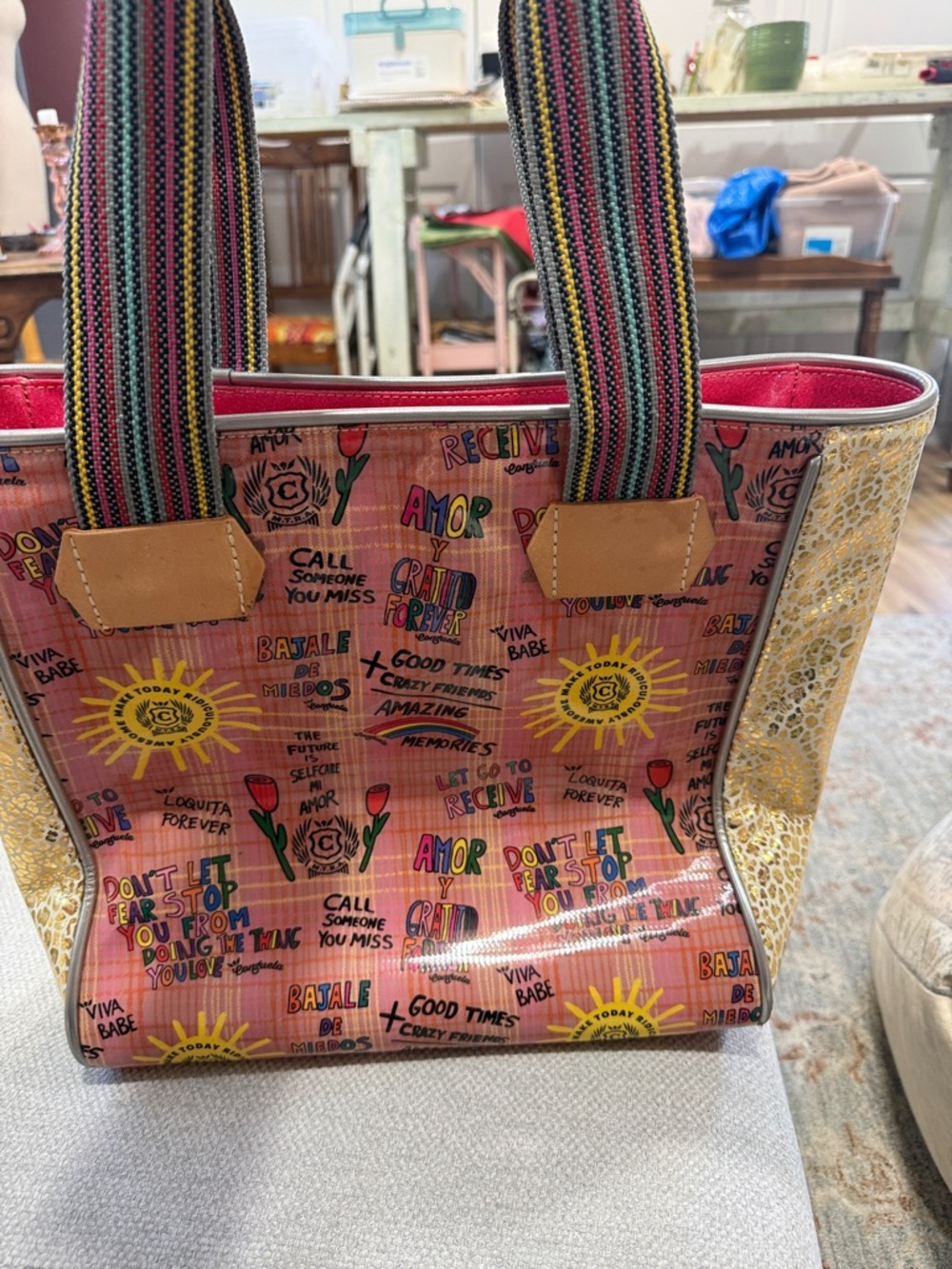Consuela Pink Printed Tote with Multicolor Striped Handles and Gold Side Panels
